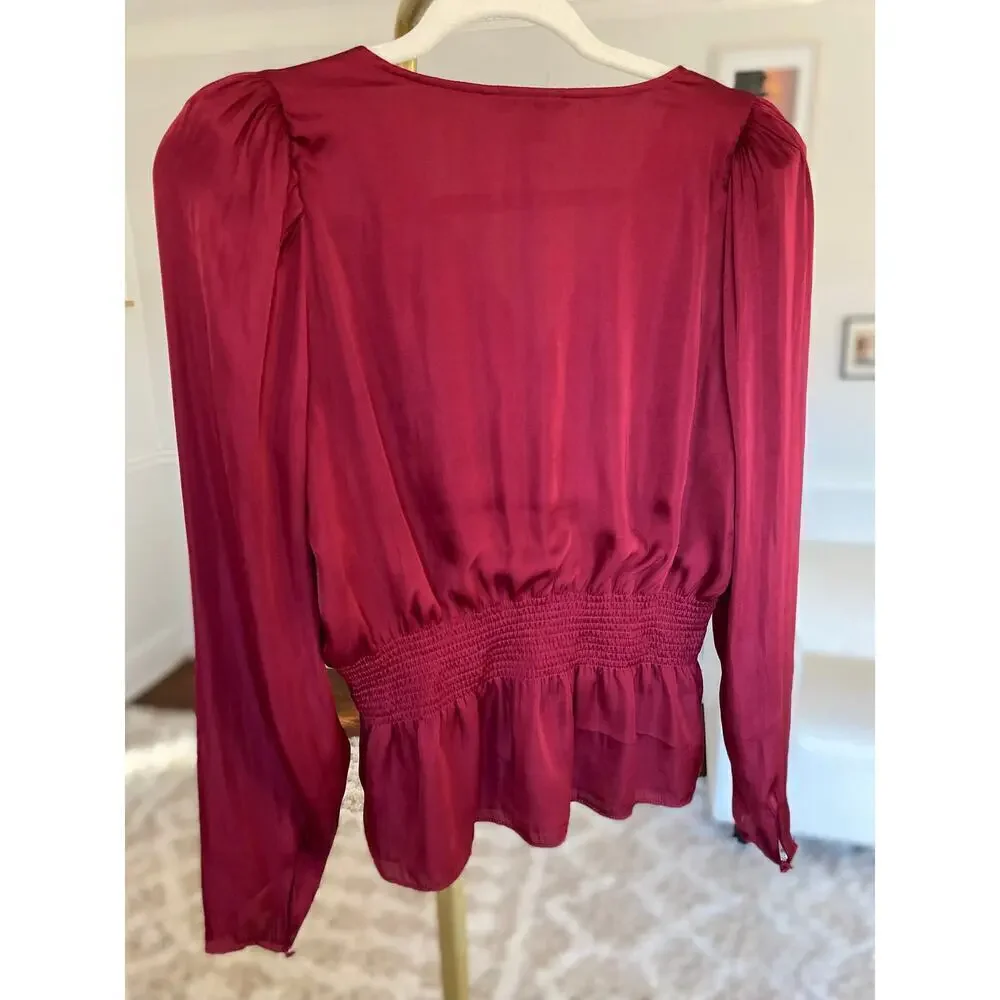 Banana Republic Satin Peplum Blouse Smocked Feminine Quiet Luxury Glam Parisian